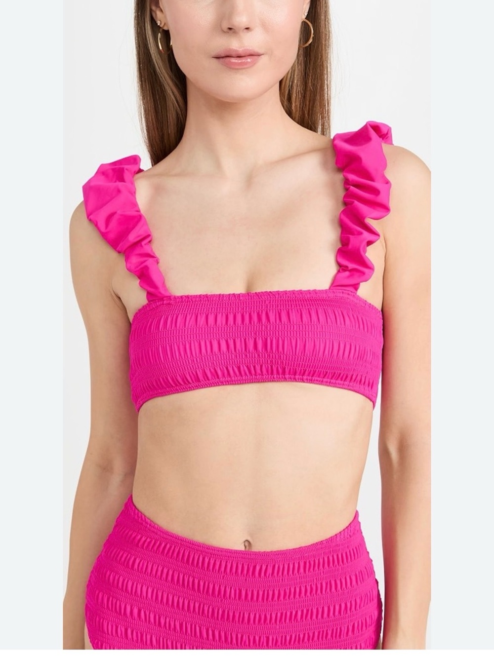 Sea NY Ruffled Strap Smocked Bikini Top - Hot Pink M/L